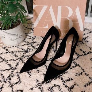 Zara black mesh pointed toe heels